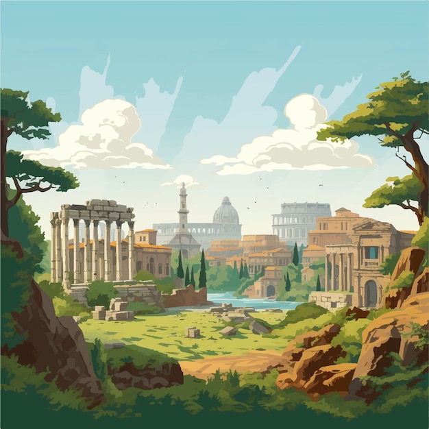 Vector paisaje de la antigua ciudad de atenas con ruinas y árboles de fondo del juego