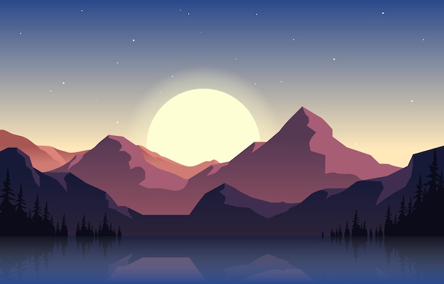 Paisaje apacible del panorama de la montaña en la ilustración plana monocromática