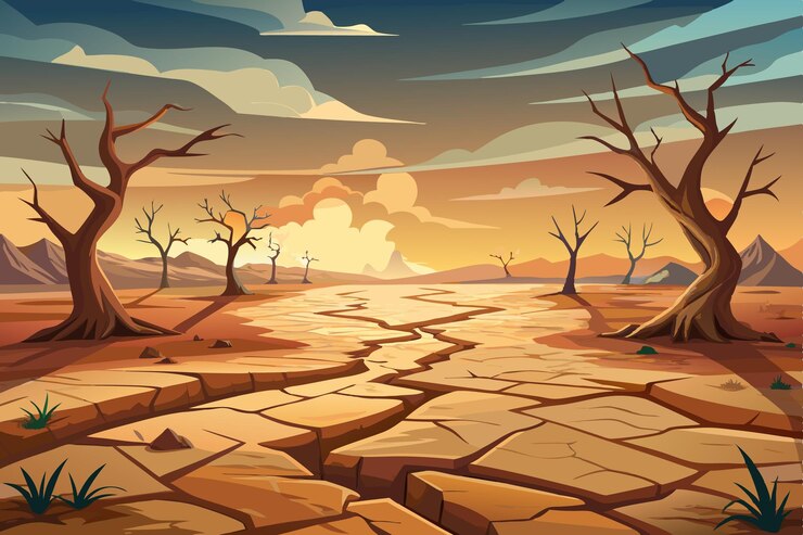 Vector paisaje del apocalipsis tierra devastada por una sequía completa de agua con tierra y árboles estériles agrietados