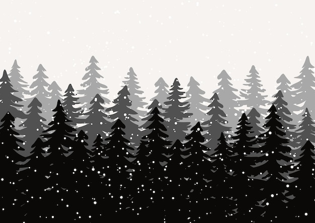 Paisaje arbolado de invierno con abetos negros y copos de nieve blancos Ilustración vectorial