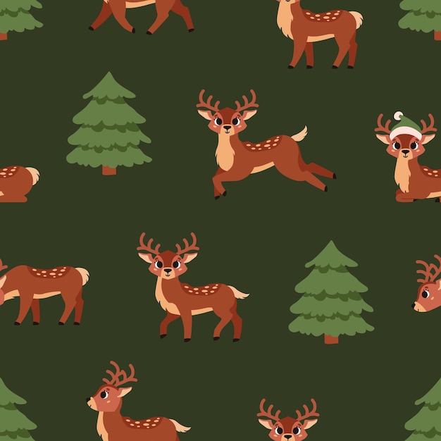 Paisaje de árboles de invierno con ciervos Vector patrón sin costuras con piceas verdes Bosque del norte
