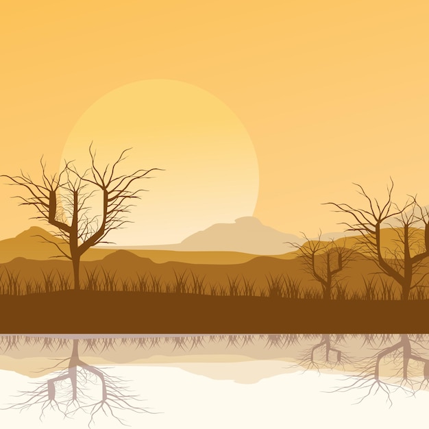 Un paisaje con árboles y un lago con un atardecer de fondo.