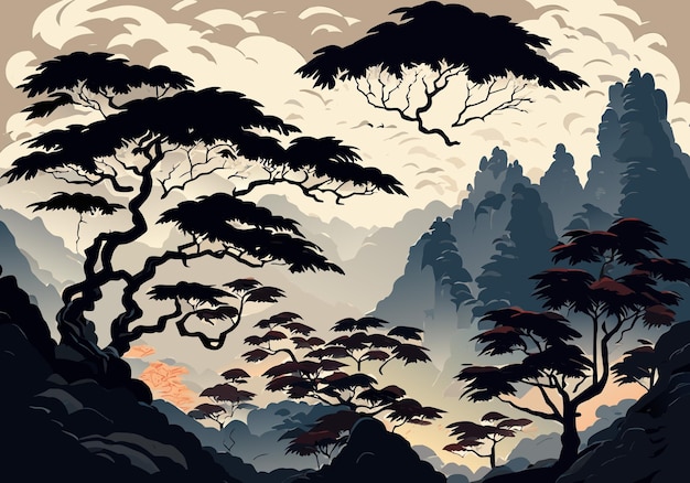 Vector paisaje de árboles de montaña estilo tinta acuarela china