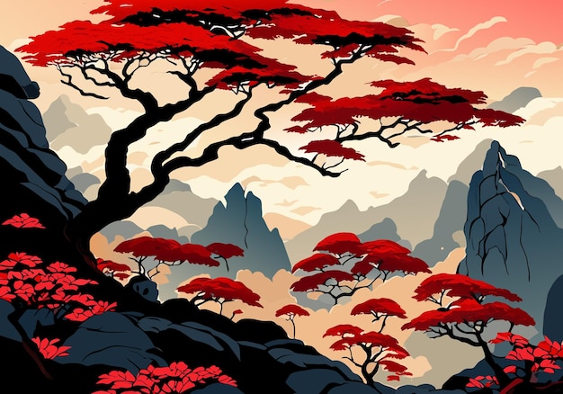 Vector paisaje de árboles de montaña estilo tinta acuarela china