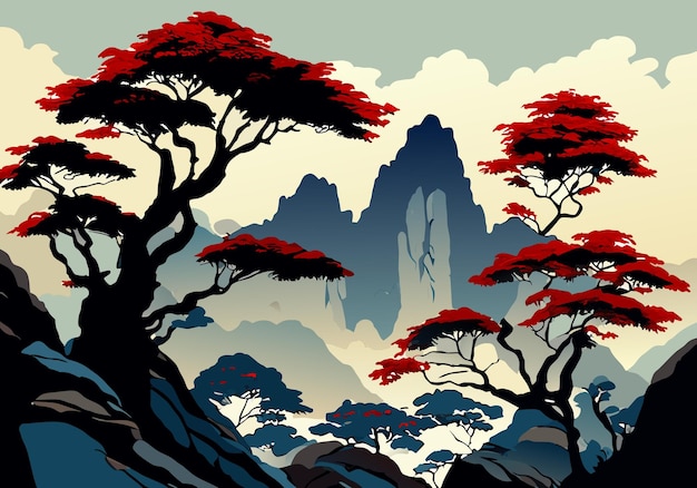 Paisaje de árboles de montaña estilo tinta acuarela china