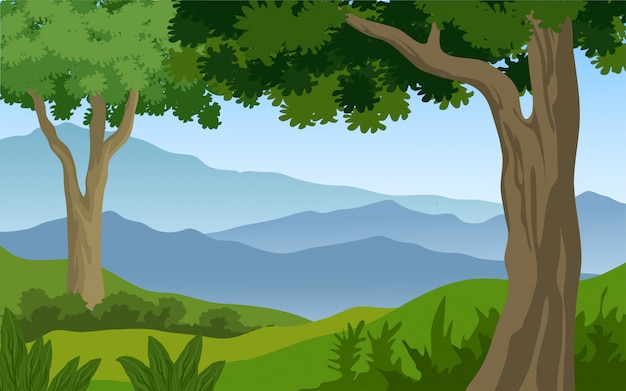 Vector paisaje con arboles y montaña