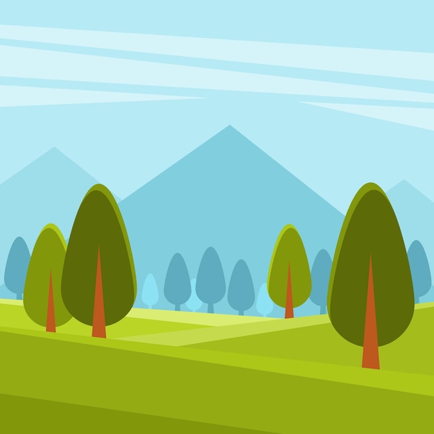 Paisaje con árboles y montañas en un estilo plano Ilustración vectorial