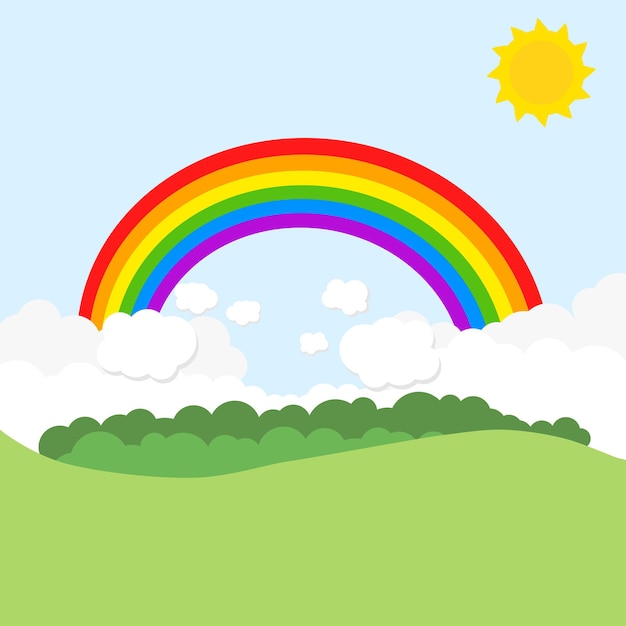 Paisaje con arco iris y sol ilustración vectorial