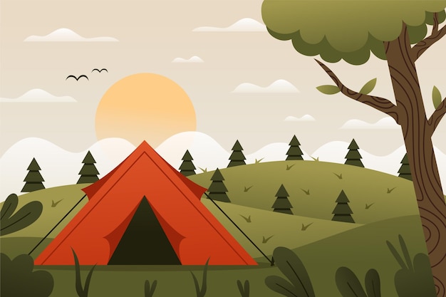 Paisaje de área de camping de diseño plano con carpa y colinas