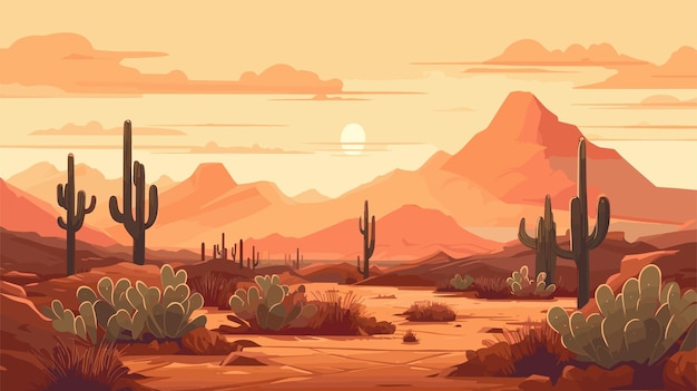 Paisaje de arena del desierto con cactus puesta de sol Fondo de vector de dunas del desierto
