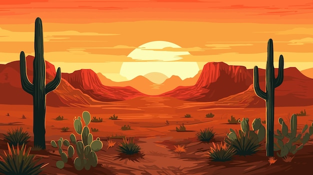 Paisaje arenoso del desierto con cactus puesta de sol Ilustración de fondo vectorial de dunas del desierto