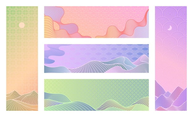 Paisaje de arte de línea Montañas y colinas mínimas con patrones tradicionales asiáticos y plantillas vectoriales de banderas de gradiente pastel en estilo retro japonés, chino y coreano