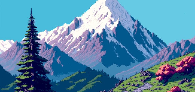 Vector paisaje arte de píxeles de 8 bits paisaje natural de verano paisaje de montaña fondo de juego de arcade