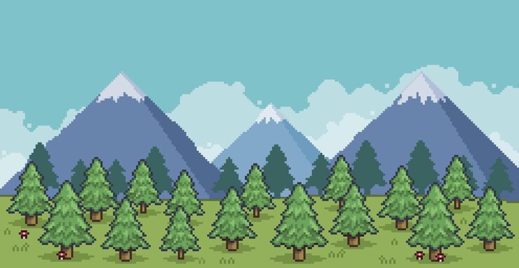 Vector paisaje de arte de píxeles de bosque de pinos en las montañas fondo de vector de 8 bits