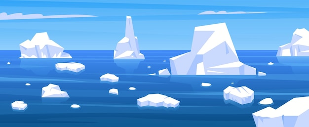 Vector paisaje ártico escena de invierno de dibujos animados con iceberg flotante y piezas de glaciar congelado hielo panorama norte concepto de calentamiento global fondo vectorial