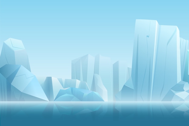 Paisaje ártico de invierno con iceberg en agua pura azul oscuro y nieve montañas colinas en una ilustración de niebla blanca suave