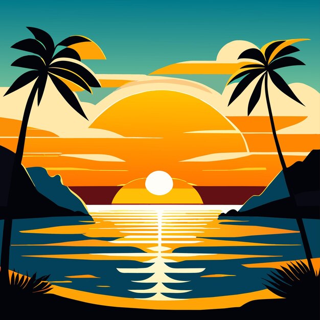 Vector paisaje del atardecer del mar del sol sobre el océano con nubes superficie del agua palmera y playa en espalda plana