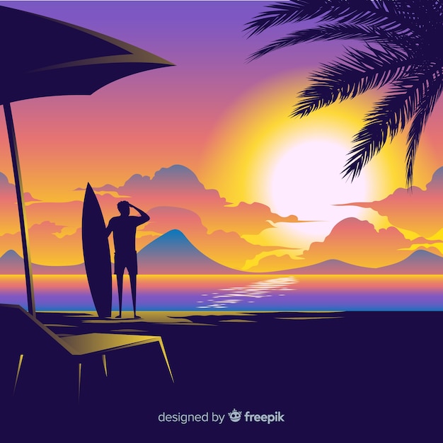 Vector paisaje de atardecer en la playa con degradado