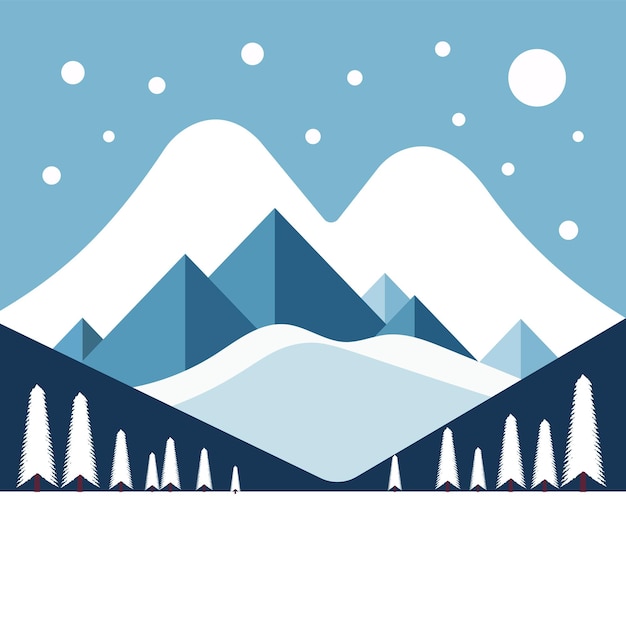 Vector paisaje azul blanco de invierno naturaleza colina y árbol con ilustración de cartel de montaña