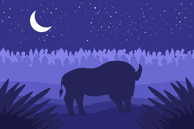 Paisaje con bizon salvaje en campo. Paisaje de pradera. Panorama nocturno con luna. Escena natural. Vector