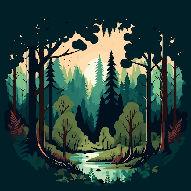 Vector paisaje de bosque arbolado con árboles.