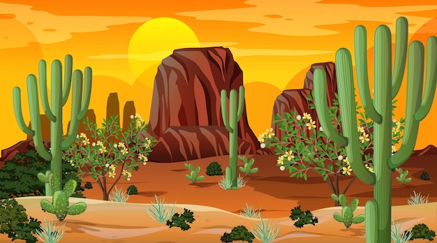 Vector paisaje de bosque desértico en la escena del atardecer con muchos cactus