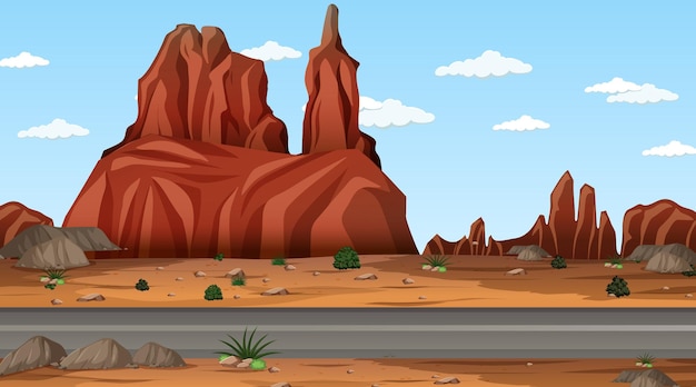 Vector paisaje de bosque desértico en escena diurna con largo camino