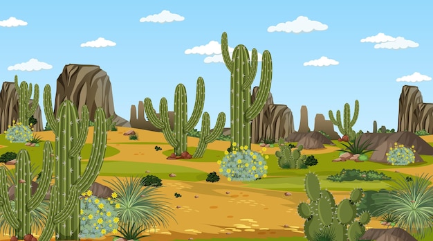 Vector paisaje de bosque desértico en la escena diurna con muchos cactus