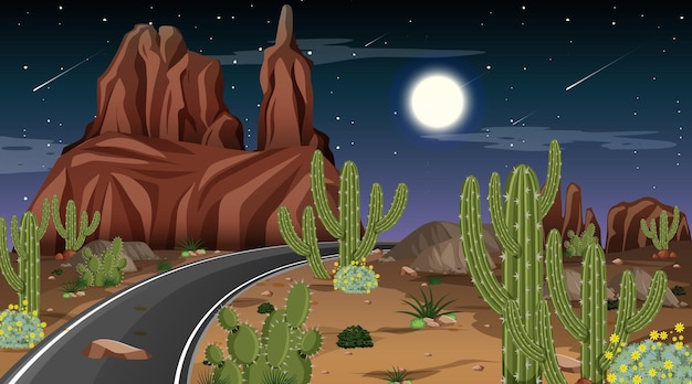 Vector paisaje de bosque desértico en escena nocturna con largo camino