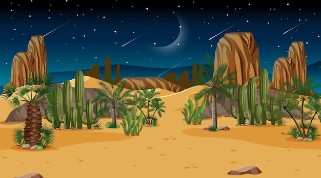 Vector paisaje de bosque desértico en la escena nocturna