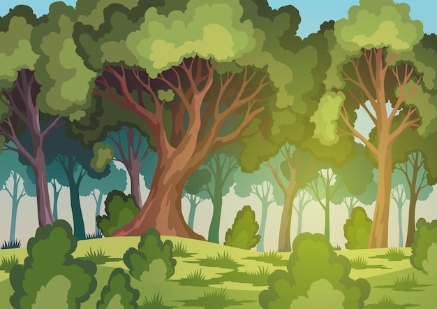 Paisaje de bosque de dibujos animados con árboles de hoja caduca arbustos de hierba y manchas de luz solar en el suelo Escenario natural de verano o primavera Escena natural de dibujos animados troncos de árboles fuertes Vector flora silvestre