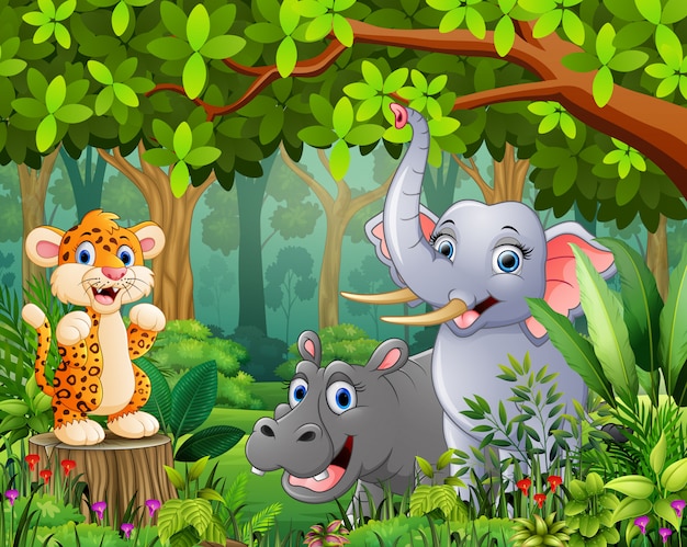 Paisaje bosque de dibujos animados de verde con animal salvaje.