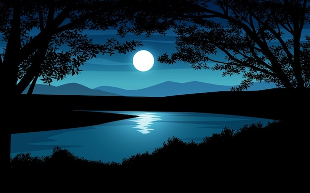 Vector paisaje de bosque a la luz de la luna con río.