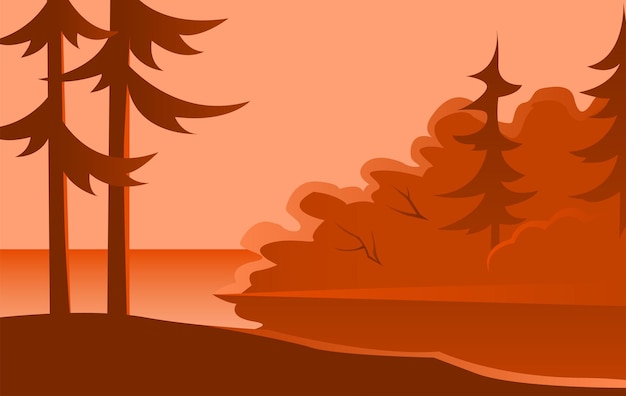 Vector paisaje con un bosque matutino junto al lago.