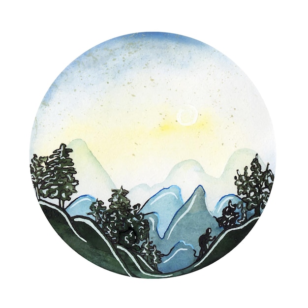 Paisaje de bosque de montaña acuarela con un turista en un círculo en colores fríos