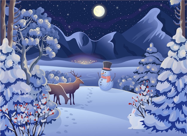 Paisaje de bosque de noche de invierno con ciervos, conejos, pueblo, montañas, luna y cielo estrellado. ilustración de dibujo vectorial en estilo de dibujos animados. tarjeta de navidad.