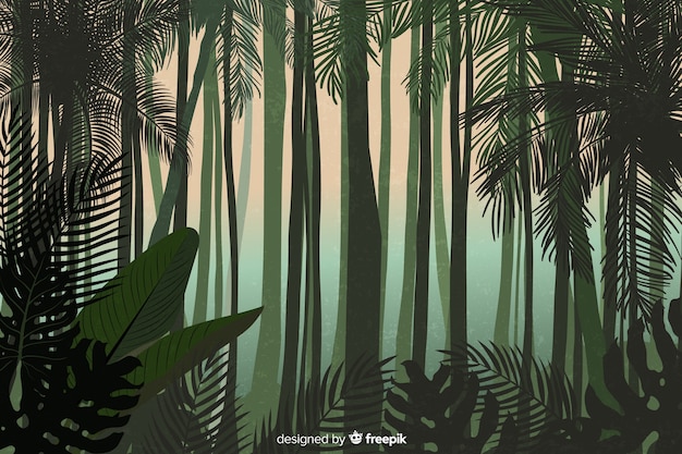 Vector paisaje de bosque tropical con árboles altos