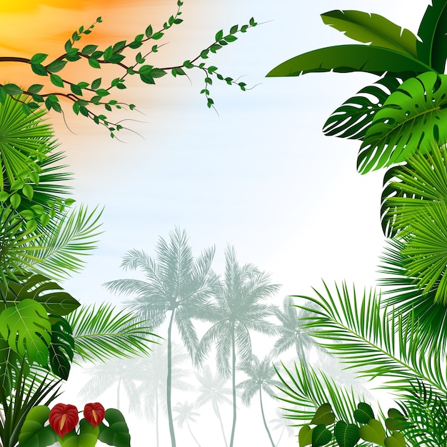 Vector paisaje de bosque tropical con fondo de árboles de palma