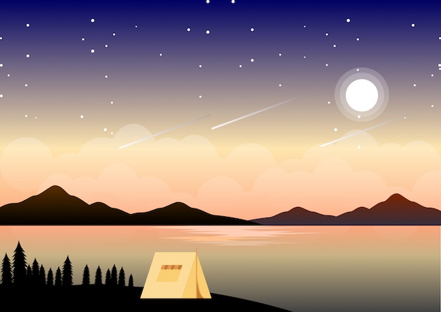 Paisaje de campamento de verano de noche con ilustración de noche estrellada