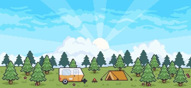 Vector paisaje de camping de pixel art con carpa, remolque, fogata, vector de fondo de pinos para juego de 8 bits