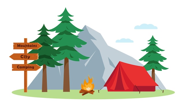 Paisaje de camping turístico con tienda de campaña. Campamento turístico de verano.