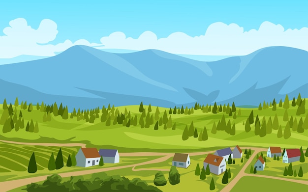 Vector paisaje de campo con casas y montaña.