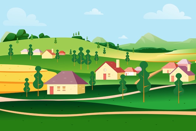 Vector paisaje de campo con casas rústicas