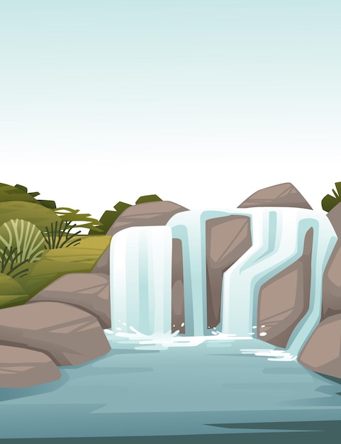 Paisaje de campo cascada en rocas dibujos animados diseño plano vector ilustración diseño vertical