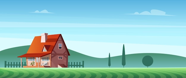 Paisaje de campo colorido con una hermosa casa de pueblo ubicación rural vector moderno de dibujos animados