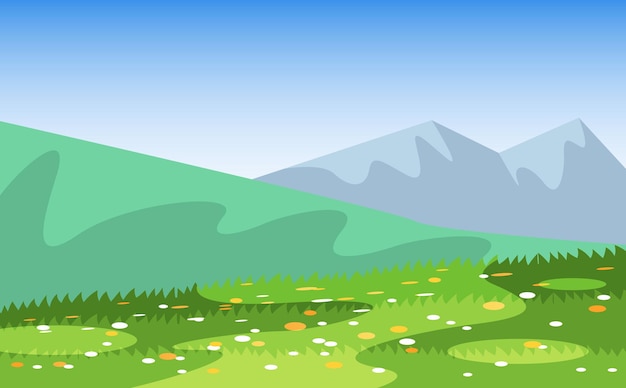 Paisaje de campo de dibujos animados de vector de hierba de prados de verano con flores