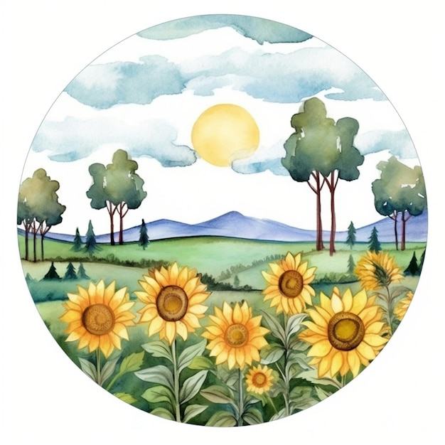 paisaje de campo de girasol acuarela granja