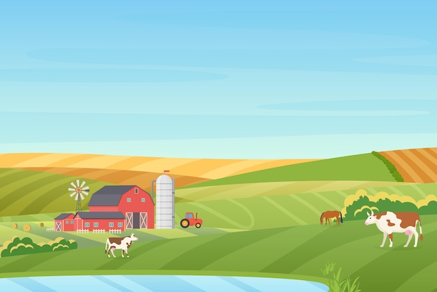 Paisaje de campo de granja de clima cálido de verano con cabaña ecológica, granero, molino de viento, tractor, torre de ensilaje, campos de vacas, caballos, verdes y naranjas cerca de la ilustración del lago azul limpio