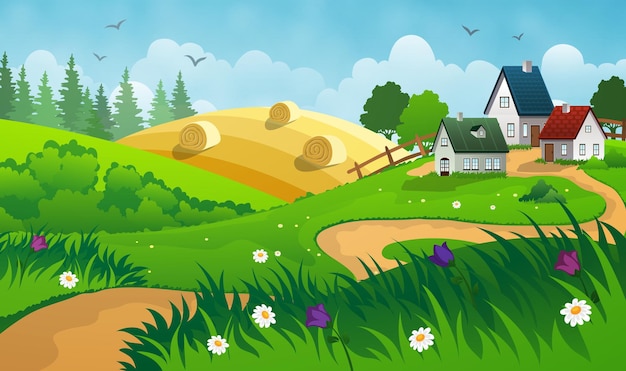 Paisaje de campo con heno, campo y pequeño pueblo. | Vector Premium Paisaje de campo con heno, campo y pequeño pueblo. | Vector Premium