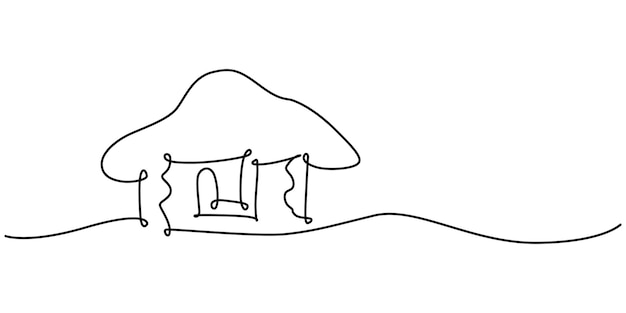 Paisaje de campo de invierno en estilo de dibujo artístico de línea continua Casa de pueblo en bosque de abeto negro
